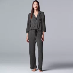 Women's Simply Vera Vera Wang Basic Luxury ¾ Sleeve Pajama Shirt & Pants Sleep Set -Simply Vera Vera Wang Shop 3952142 ALT2