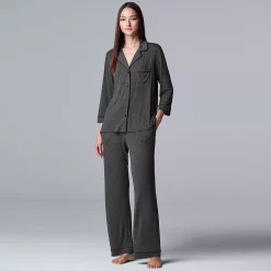 Women's Simply Vera Vera Wang Basic Luxury ¾ Sleeve Pajama Shirt & Pants Sleep Set