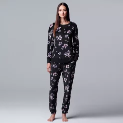 Women's Simply Vera Vera Wang Velour Pajama Top and Banded Bottom Pajama Pants Sleep Set -Simply Vera Vera Wang Shop 5005125 Black Floral
