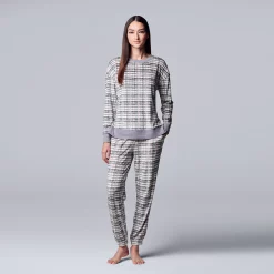 Women's Simply Vera Vera Wang Velour Pajama Top and Banded Bottom Pajama Pants Sleep Set -Simply Vera Vera Wang Shop 5005125 Pink Plaid
