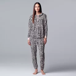 Women's Simply Vera Vera Wang Velour Hooded Pajama Top and Banded Bottom Pajama Pants Sleep Set