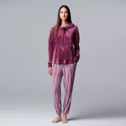 Women's Simply Vera Vera Wang Velour Hooded Pajama Top and Banded Bottom Pajama Pants Sleep Set -Simply Vera Vera Wang Shop 5005135 Plum Stripe