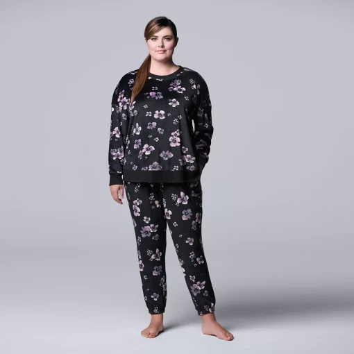 Plus Size Simply Vera Vera Wang Velour Pajama Top and Banded Bottom Pajama Pants -Simply Vera Vera Wang Shop 5005141 Black Floral