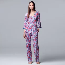 Women's Simply Vera Vera Wang 3/4 Sleeve Pajama Top & Pajama Pants Set -Simply Vera Vera Wang Shop 5047902 Lt Blue Floral