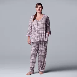 Plus Size Simply Vera Vera Wang 3/4 Sleeve Pajama Top & Pajama Pants Set -Simply Vera Vera Wang Shop 5047909 Lilac Plaid