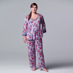 Plus Size Simply Vera Vera Wang 3/4 Sleeve Pajama Top & Pajama Pants Set -Simply Vera Vera Wang Shop 5047909 Lt Blue Floral