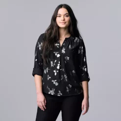 Women's Simply Vera Vera Wang Roll-Tab Sleeve Popover Blouse -Simply Vera Vera Wang Shop 5561929 Gunmetal Foil Floral
