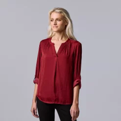 Women's Simply Vera Vera Wang Roll-Tab Sleeve Popover Blouse -Simply Vera Vera Wang Shop 5561929 Wine Allure