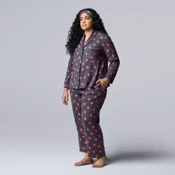 Plus Size Simply Vera Vera Wang Cozy 3-pc. Long Sleeve Pajama Shirt, Pajama Pants & Matching Headband Sleep Set -Simply Vera Vera Wang Shop 5582802 Charcoal Polka Dot