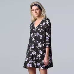 Women's Simply Vera Vera Wang 3/4 Sleeve Cozy Henley Sleepshirt with Matching Headband -Simply Vera Vera Wang Shop 5582805 Black Floral
