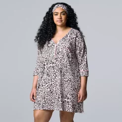 Plus Size Simply Vera Vera Wang 3/4 Sleeve Cozy Henley Sleepshirt with Matching Headband