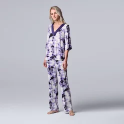 Women's Simply Vera Vera Wang 3/4 Sleeve Pajama Top and Pajama Pants Sleep Set with Satin Trim -Simply Vera Vera Wang Shop 5588962 Lavender Floral
