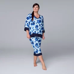 Plus Size Simply Vera Vera Wang 3/4 Sleeve Pajama Top and Capri Pajama Pants Sleep Set -Simply Vera Vera Wang Shop 5809676 Blue Floral