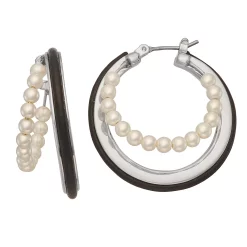 Simply Vera Vera Wang Silver Tone Simulated Pearl & Leather Layered Hoop Earrings